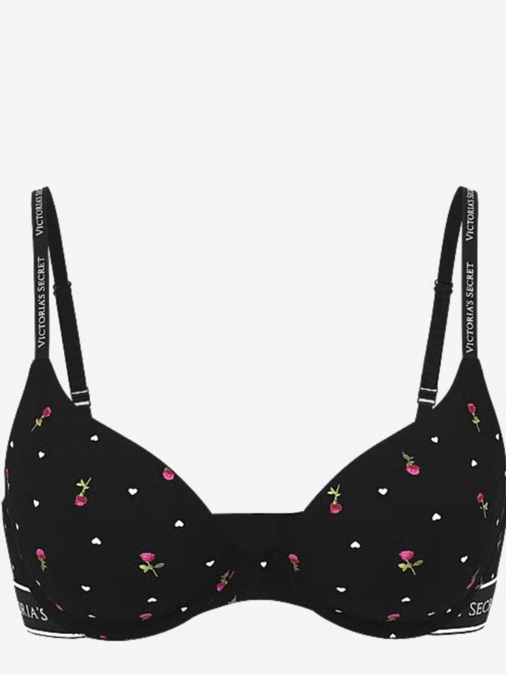 Victoria’s Secret Tshirt Perfect Shape Cotton Push Up Bra,36B Black Heart Rose
